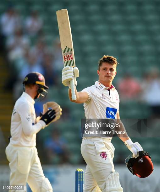 Tom Abell of Somerset celebrates their century during Day One of the LV= Insurance County Championship match between Somerset and Yorkshire at The...