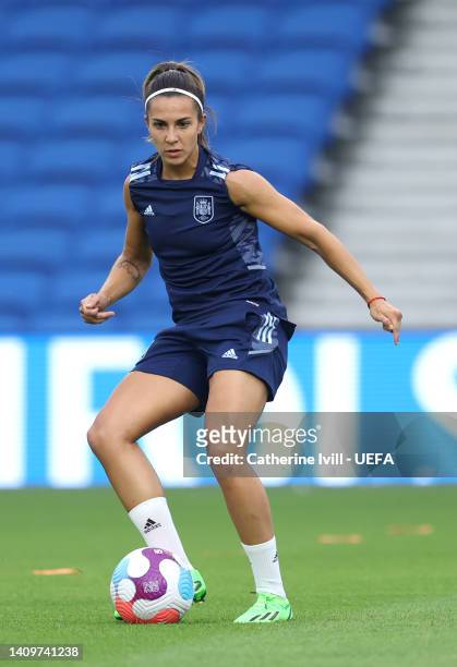 Marta Cardona of Spain warms up during the UEFA Women's Euro 2022 Spain press conference and training session at Brighton & Hove Community Stadium on...