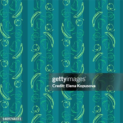 Fruit linear abstract seamless pattern in flat style. Freehand drawings of apples, pears and bananas on a colored striped background. Creative design for banners, greeting cards. Fruit linear abstract seamless pattern in flat style. Freehand drawings of apples, pears and bananas on a colored striped background. Creative design for banners, greeting cards.
