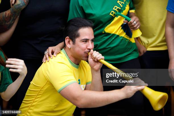 man blowing a vuvuzela during a soccer match - female fans brazil stock pictures, royalty-free photos & images