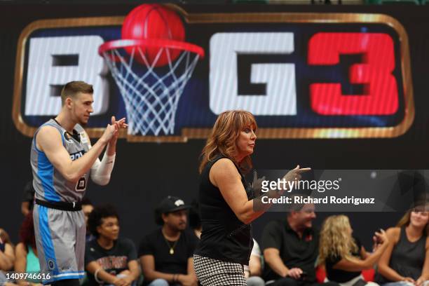 Cline of the Power claps as head coach Nancy Lieberman gestures during the game against Bivouac in a BIG3 game in week 5 at Comerica Center on July...