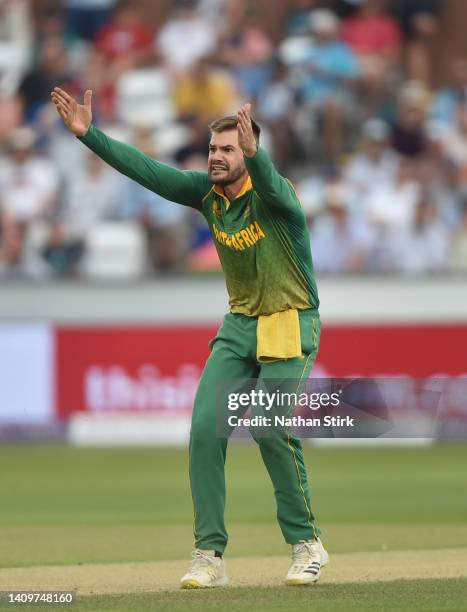 Aiden Markram of South Africa celebrates the wicket of Ben Stokes of England during the 1st Royal London Series One Day International match between...