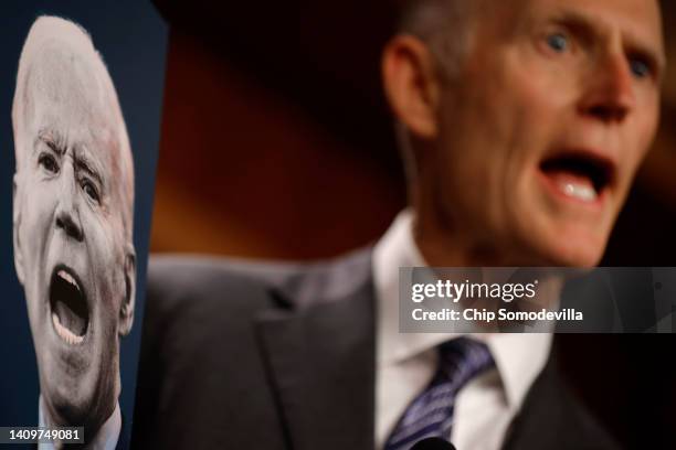 Sen. Rick Scott blames President Joe Biden for inflation following the Republican policy luncheons in the Senate Radio-TV Gallery at the U.S. Capitol...