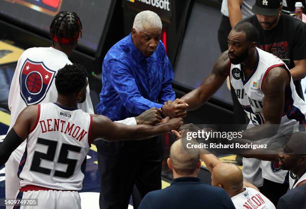 Head coach Julius Erving of the Tri-State breaks down the huddle during the game against the Trilogy in BIG3 Week 5 at Comerica Center on July 17,...