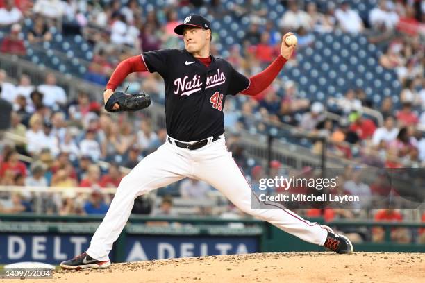 Patrick Corbin of the Washington Nationals pitches during a baseball game against the Atlanta Braves at Nationals Park on July 15, 2022 in...