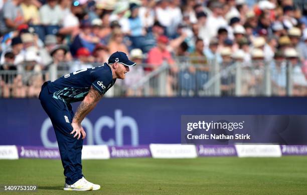 Ben Stokes of England looks on during the 1st Royal London Series One Day International match between England and South Africa at Emirates Riverside...