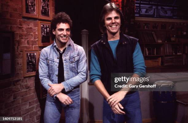 View of American Rock musicians Neal Schon and Jonathan Cain, both of the group Journey, during an interview on MTV at Teletronic Studios, New York,...