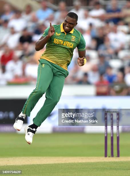 Lungi Ngidi of South Africa celebrates the wicket of ll during the 1st Royal London Series One Day International match between England and South...