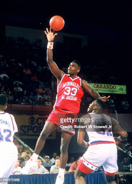 American basketball player Chris Webber jumps for the ball during the McDonald's High School All Star game, Springfield, Massachusetts, 1991.