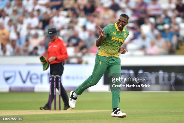 Lungi Ngidi of South Africa celebrates the wicket of Liam Livingstone of England during the 1st Royal London Series One Day International match...