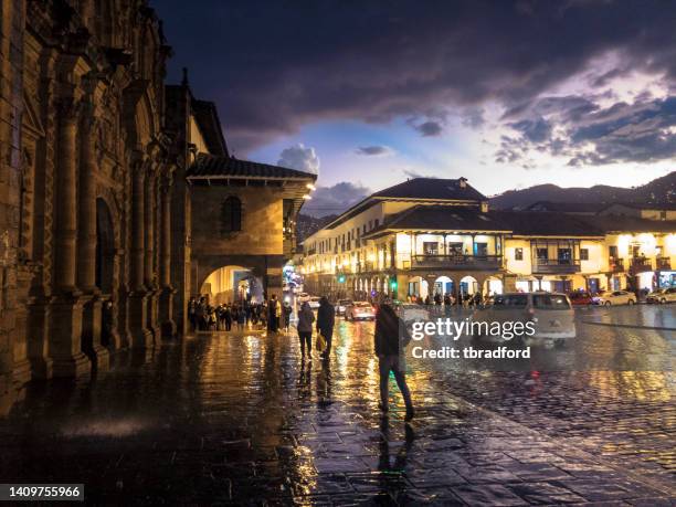 nighttime street scene in cusco, peru - cusco city stock pictures, royalty-free photos & images