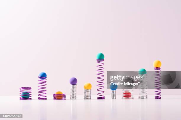 bar graph of coil springs with different lengths supporting colorful spheres - muelle fotografías e imágenes de stock
