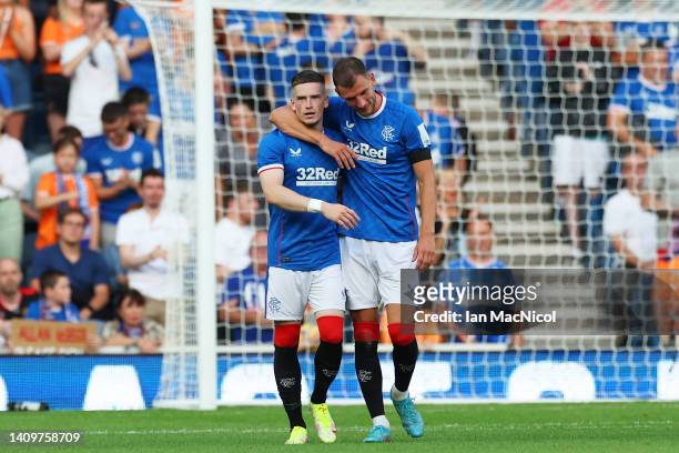 Ryan Kent celebrates with Borna Barisic of Rangers after scoring their team's second goal during the pre-season friendly match between Rangers and...