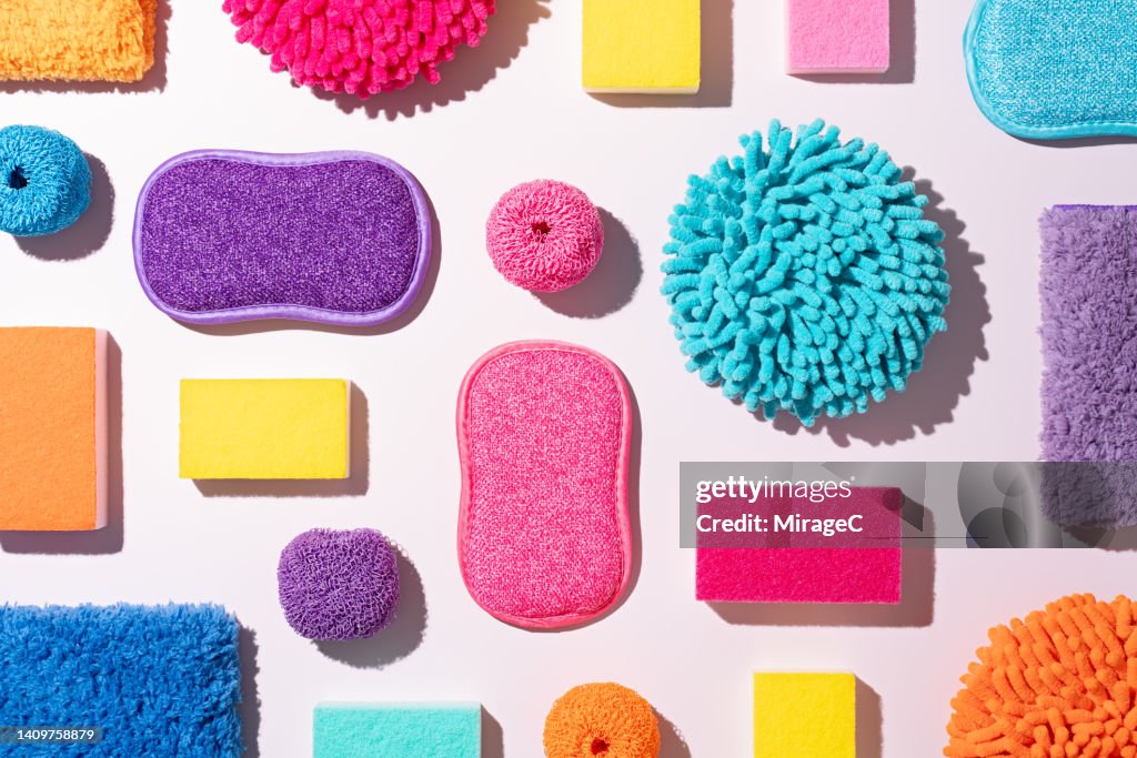 Colorful Cleaning Supplies Collection Flat Lay