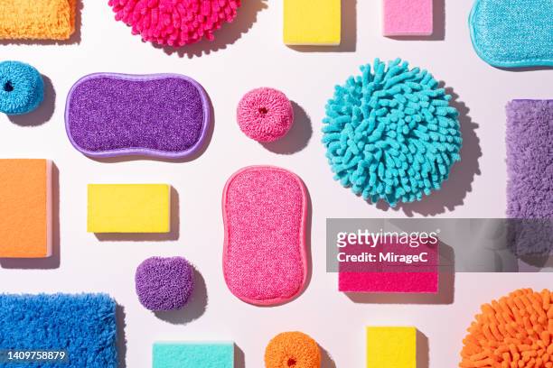 colorful cleaning supplies collection flat lay - cleaning imagens e fotografias de stock