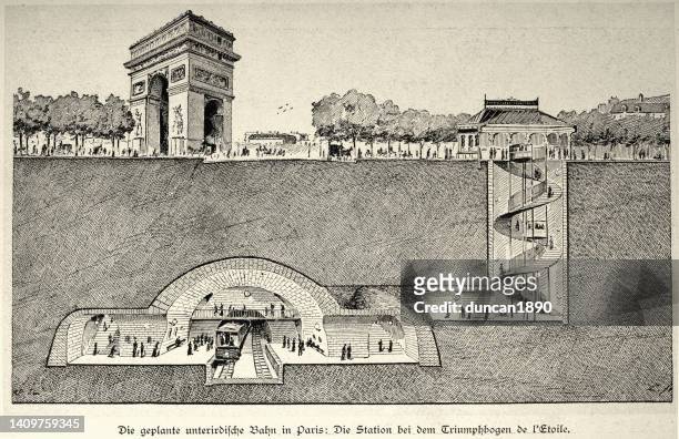vintage-illustration des querschnitts der pariser u-bahn-station am arc de triomphe - place charles de gaulle paris stock-grafiken, -clipart, -cartoons und -symbole