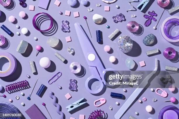 purple sewing items and sewing tools flat lay for handcraft diy - art and craft equipment stock pictures, royalty-free photos & images