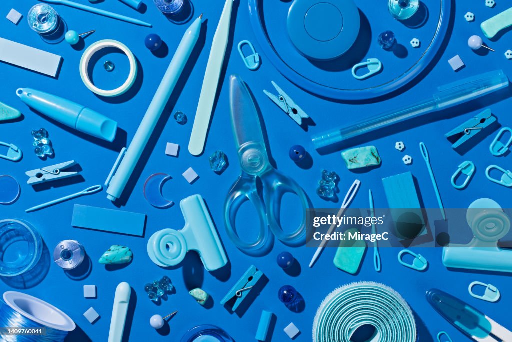 Blue Colored Sewing Items and Sewing Tools Flat Lay for Handcraft DIY