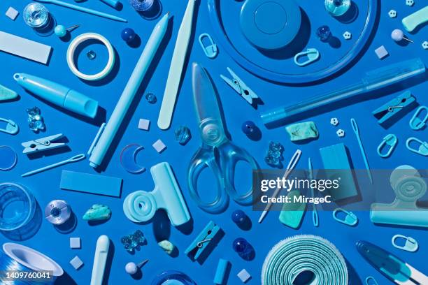 blue colored sewing items and sewing tools flat lay for handcraft diy - office equipment stock pictures, royalty-free photos & images