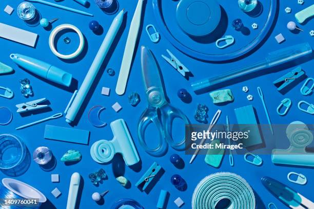 blue colored sewing items and sewing tools flat lay for handcraft diy - stationary 個照片及圖片檔