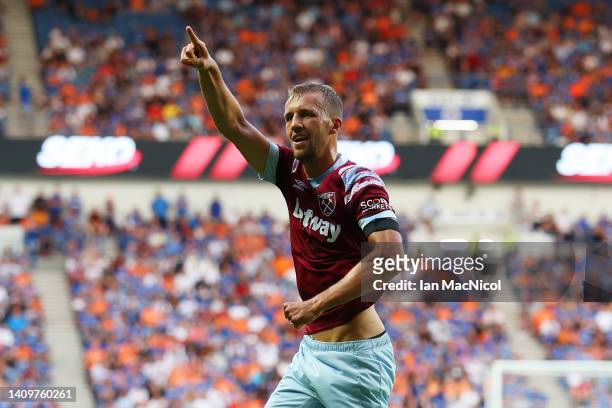 Tomas Soucek of West Ham United celebrates scoring their team's first goal during the pre-season friendly match between Rangers and West Ham United...