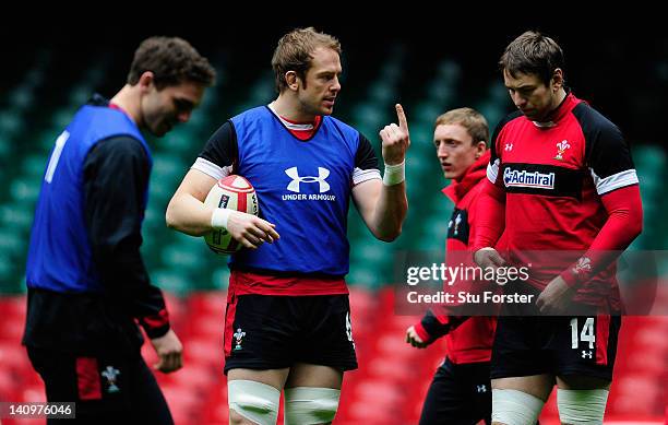 Wales forward Alun Wyn-Jones makes a point to Ryan Jones during the Wales Captain's Run ahead of tomorrows RBS six nations game against Italy at...