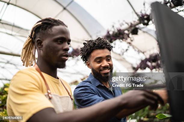 vendedor ayudando al cliente a comprar plantas en un centro de jardinería - caseta fotografías e imágenes de stock