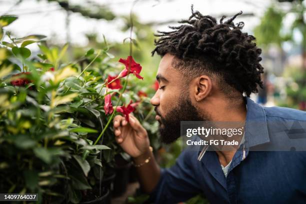 un jeune homme sent les fleurs dans une jardinerie - odorat photos et images de collection