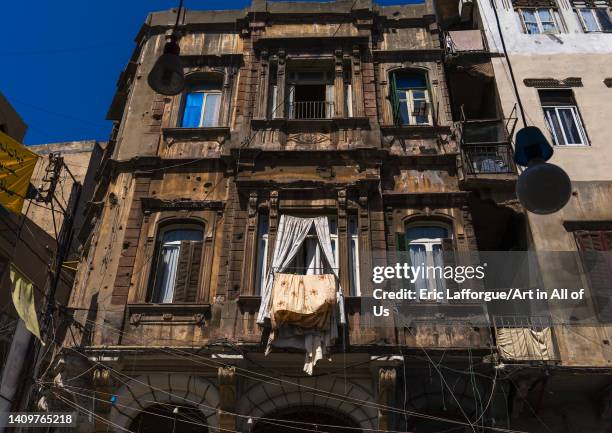 Old heritage building with bullet holes in the city, Beirut Governorate, Beirut, Lebanon on June 6, 2022 in Beirut, Lebanon.