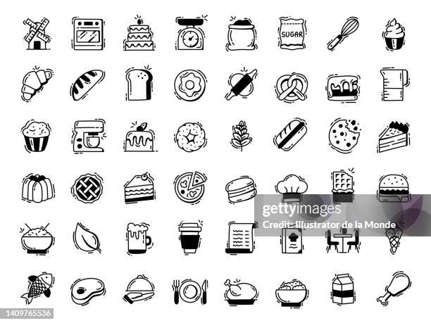 ilustraciones, imágenes clip art, dibujos animados e iconos de stock de diseño de iconos de comida y panadería - fabricación de galletas