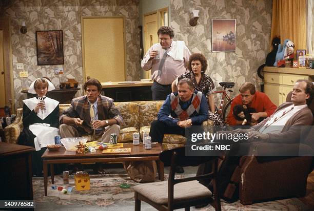 Thanksgiving Orphans" Episode 9 -- Pictured: Shelley Long as Diane Chambers, Ted Danson as Sam Malone, George Wendt as Norm Peterson, John...