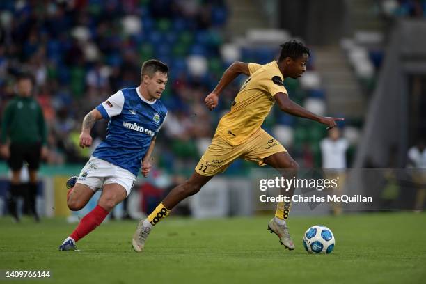 Joel Mvuka of Bodo/Glimt runs with the ball during the UEFA Champions League Second Qualifying Round First Leg match between Linfield and Bodo/Glimt...