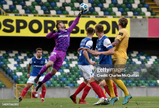 Chris Johns of Linfield makes a save during the UEFA Champions League Second Qualifying Round First Leg match between Linfield and Bodo/Glimt at...