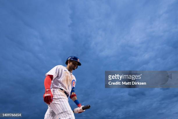 Christoper Morel walks to the on deck circle in a game against the St Louis Cardinals at Wrigley Field on June 4, 2022 in Chicago, Illinois.
