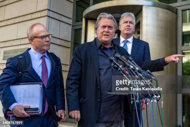 Former White House Chief Strategist Steve Bannon speaks to the media as his lawyers David Schoen and Matthew Evan Corcoran listen after his trial for...