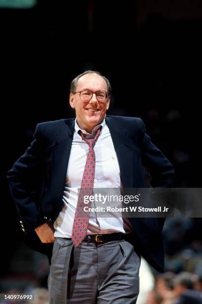 American basketball coach Jim Boeheim of the University of Syracuse smiles in amusement after a referee's call during a game against the University...