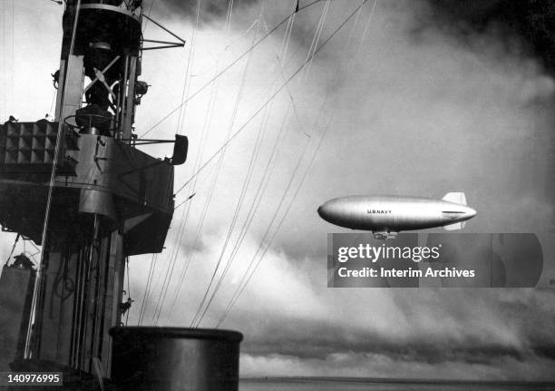 View of a dirigible escort, as seen from the aircraft carrier USS Casablanca, while at sea, August 8, 1943. Dirigibles were effective for...