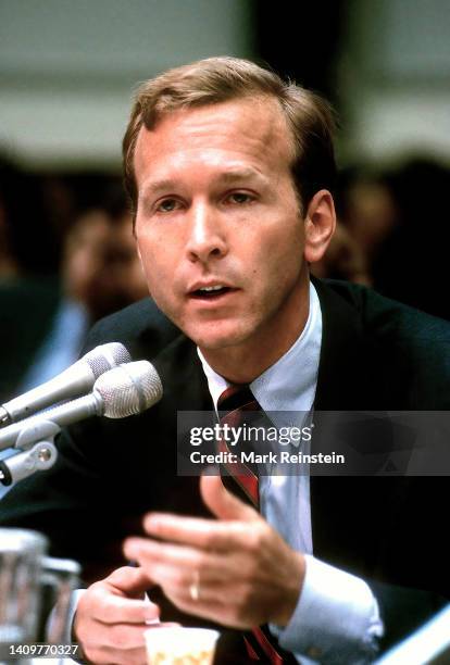 Neil Bush testifies on day two at the House Banking, Finance & Urban Affairs Committee hearings about his role in the $1 billion failure of the...