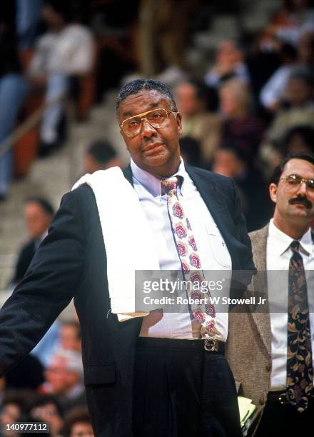 American baketball coach John Thompson of Georgetown University reacts in frustration to a referee's call during a game against the University of...