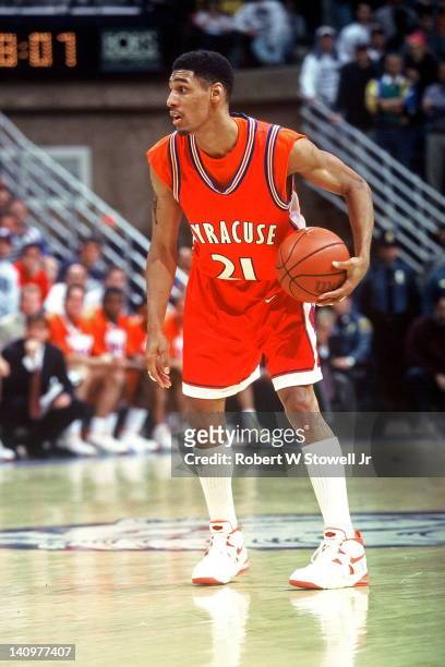 American basketball player Lawrence Moten of Syracuse University with the ball during a game against the University of Connecticut, Storrs,...