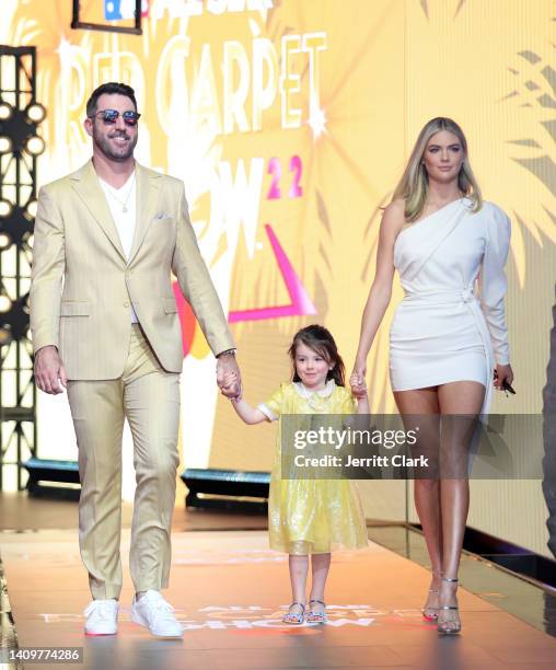 Justin Verlander, Kate Upton and their daughter arrive at The 2022 MLB All-Star Game Red Carpet Show at XBOX Plaza on July 19, 2022 in Los Angeles,...