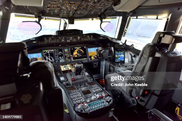 The cockpit of a Boeing 777x showing displays and controls during the Farnborough International Airshow 2022 on July 19, 2022 in Farnborough,...