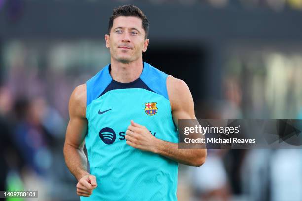 Robert Lewandowski of FC Barcelona warms up before a preseason friendly against Inter Miami CF at DRV PNK Stadium on July 19, 2022 in Fort...