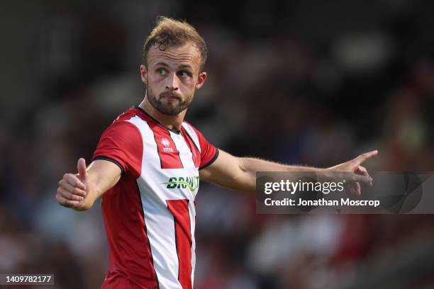 Charles Vernam of Lincoln City reacts during the Pre-Season Friendly between Grimsby Town FC and Lincoln City at Blundell Park on July 19, 2022 in...