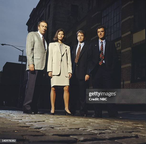 Season 5 -- Pictured: Jerry Orbach as Detective Lennie Briscoe, Jill Hennessy as A.D.A. Claire Kincaid, Sam Waterston as Executive A.D.A. Jack McCoy,...