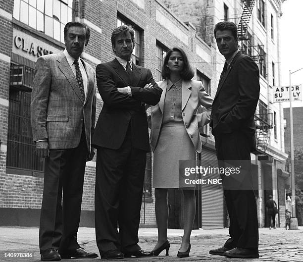 Season 5 -- Pictured: Jerry Orbach as Detective Lennie Briscoe, Chris Noth as Detective Mike Logan, Jill Hennessy as A.D.A. Claire Kincaid, Sam...