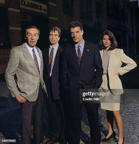 Season 5 -- Pictured: Jerry Orbach as Detective Lennie Briscoe, Sam Waterston as Executive A.D.A. Jack McCoy, Chris Noth as Detective Mike Logan,...