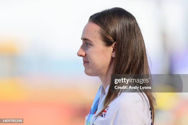 Bronze medalist Laura Muir of Team Great Britain poses during the medal ceremony for the Women's 1500m Final on day five of the World Athletics...