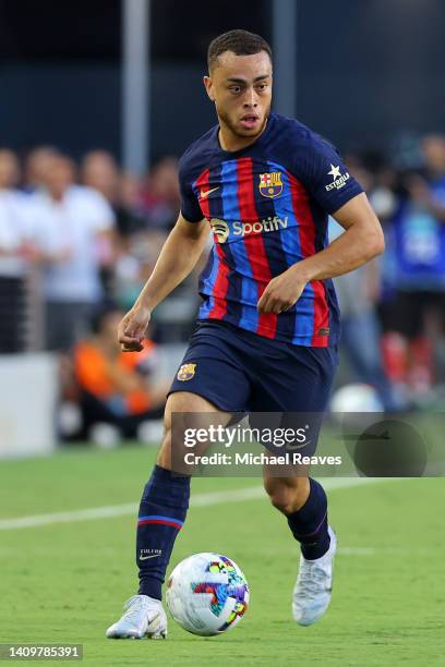 Sergino Dest of FC Barcelona controls the ball during the first half of a preseason friendly against Inter Miami CF at DRV PNK Stadium on July 19,...