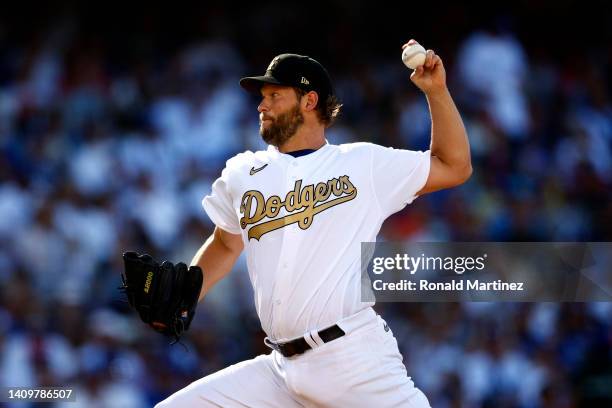 Clayton Kershaw of the Los Angeles Dodgers pitches in the first inning during the 92nd MLB All-Star Game presented by Mastercard at Dodger Stadium on...